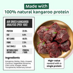 THE PAW GROCER Air-Dried Kangaroo Dog Training Straps 100g nutritional analysis and ingredients list.