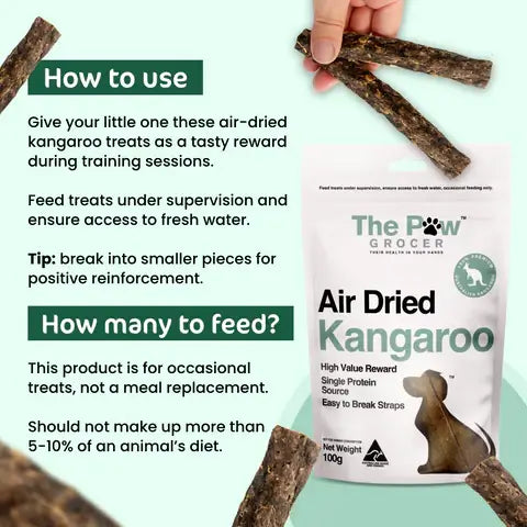 THE PAW GROCER Air-Dried Kangaroo Dog Training Straps 100g packaged with usage instructions and feeding guidelines.