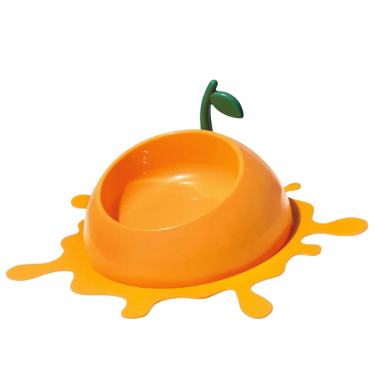 Vetreska Juicy Orange Pet Bowl & Spoon & Mat Set featuring an orange bowl design with a leaf.