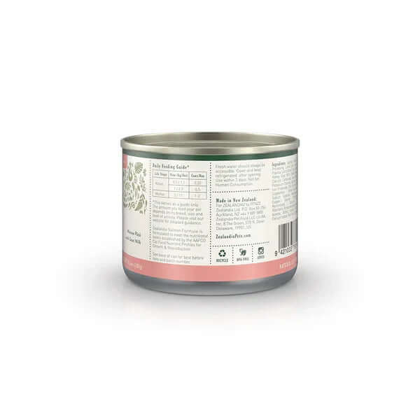 Zealandia Mousse Pate Salmon for Kitten & Mama - Grain-Free Wet Cat Food can, showing nutritional information.