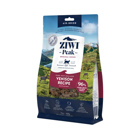 ZIWI Peak Air-Dried Venison Cat Food 400g bag showcasing pure New Zealand venison and scenic landscape.