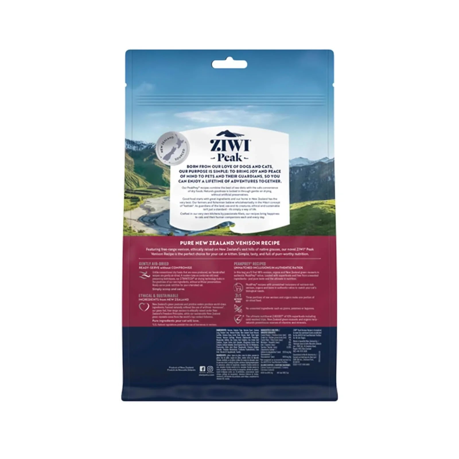 ZIWI Peak Air-Dried Venison Cat Food 400g packaging featuring natural ingredients and nutritional information.