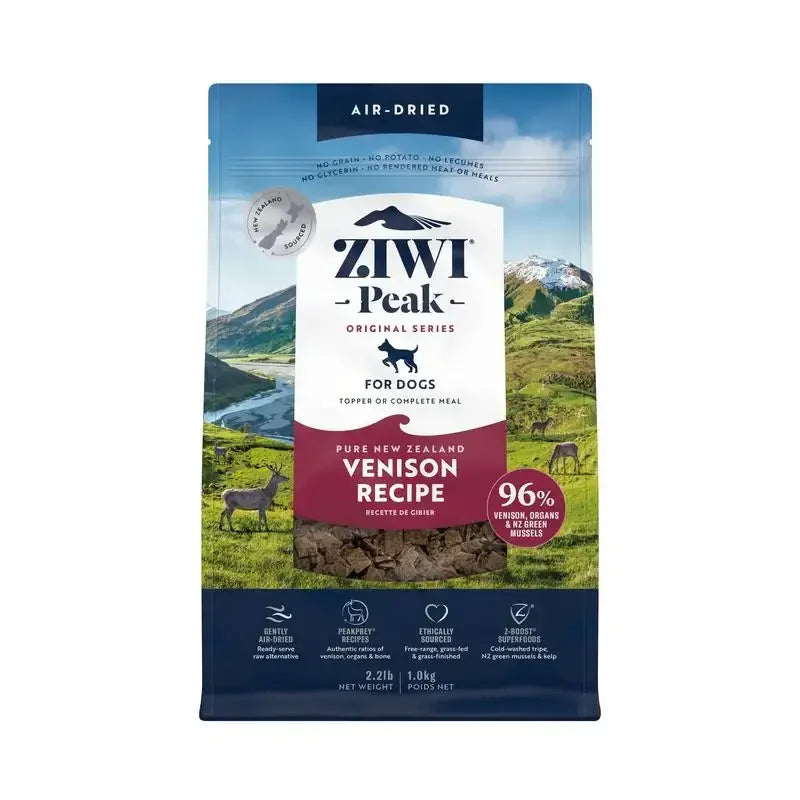 ZIWI Peak Air-Dried Venison Dog Food package featuring 96% free-range New Zealand venison recipe for dogs.