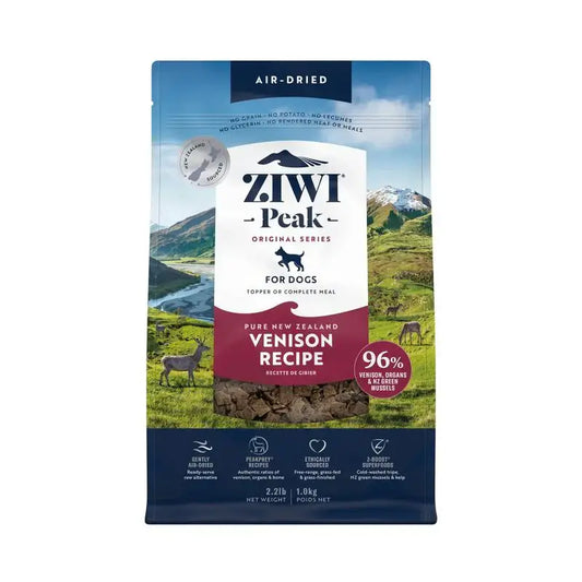 ZIWI Peak Air-Dried Venison Dog Food bag showcasing 96% pure New Zealand venison recipe for dogs.