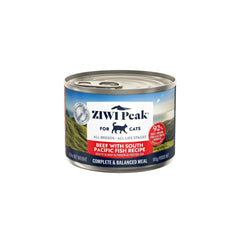 Ziwi Peak Beef With South Pacific Fish Cat Wet Food can, featuring 92% grass-fed beef and fish, complete balanced meal for cats.