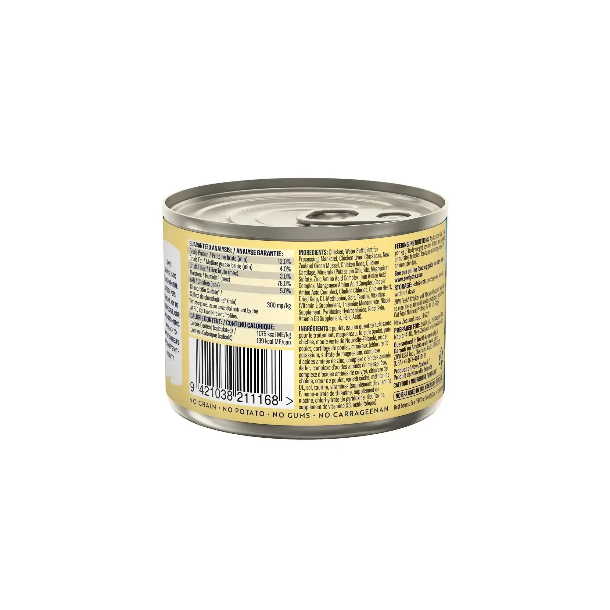 Ziwi Peak Chicken With Mackerel Fish Cat Wet Food can label showing ingredients and nutritional information.