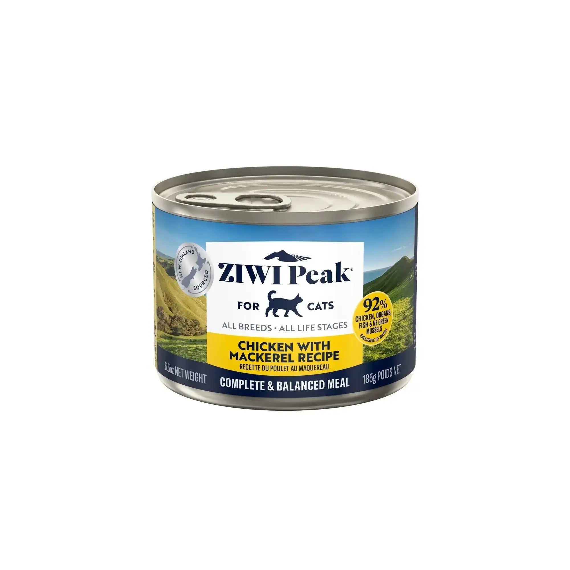 Ziwi Peak Chicken With Mackerel Fish Cat Wet Food can with logo and nutritional details.