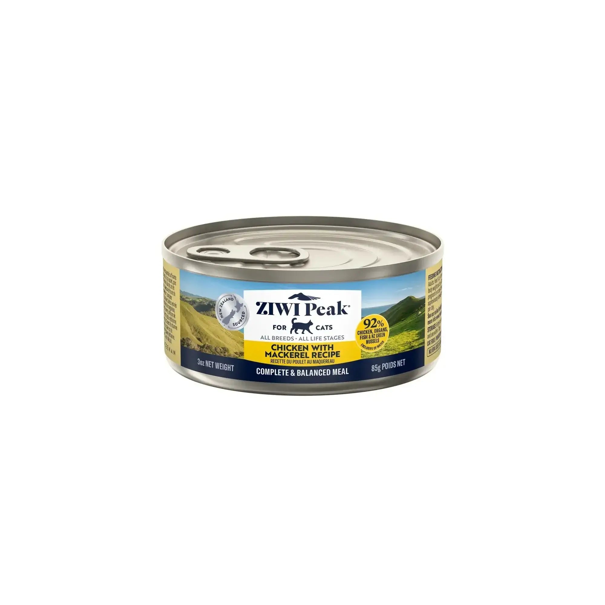 Ziwi Peak Chicken With Mackerel Fish Cat Wet Food can, featuring 92% real meat for cats.