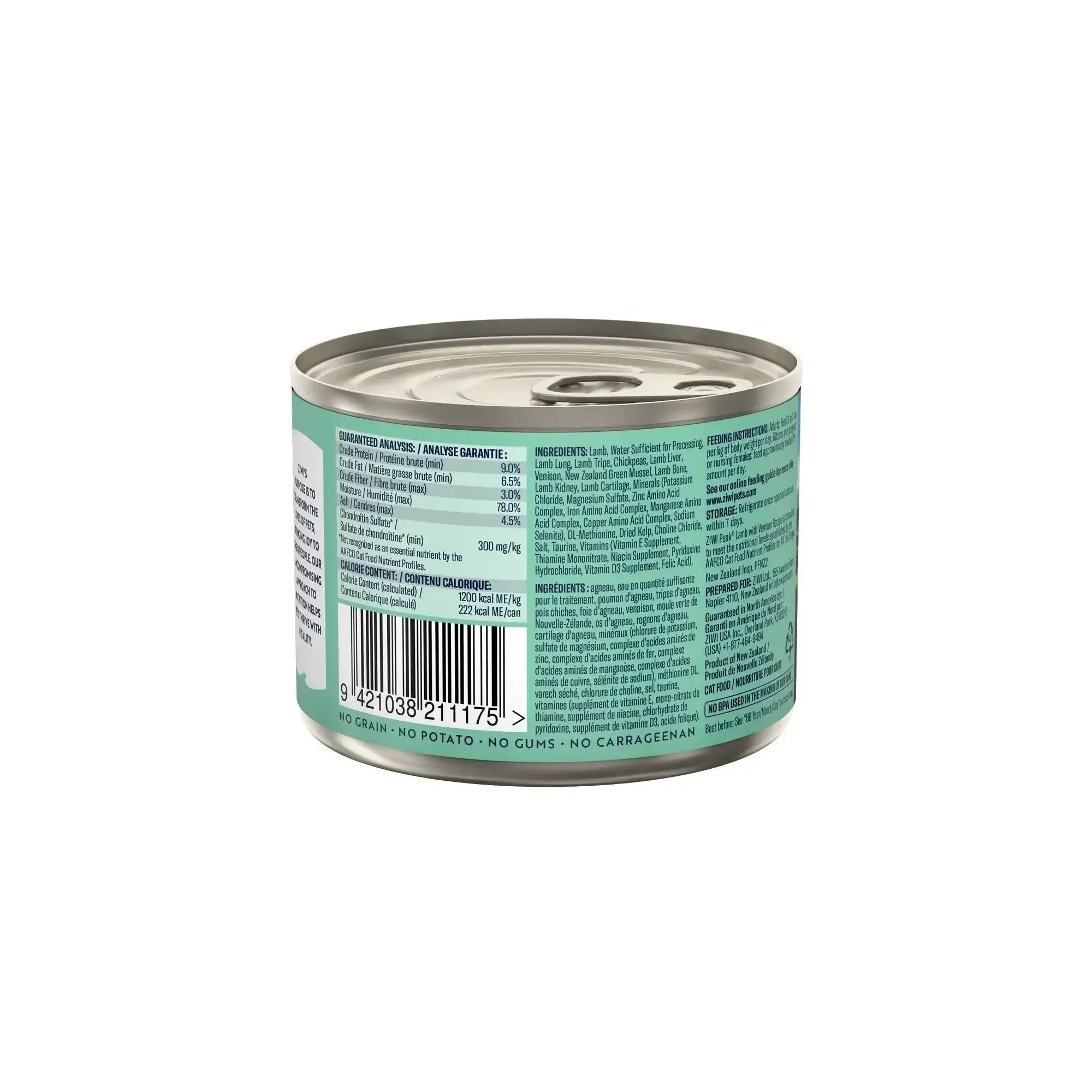 Ziwi Peak Lamb with Venison Cat Wet Food can showing nutrition and ingredient information on packaging.