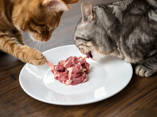 Two cats eating raw meat from a shallow plate as part of a carefully managed raw feeding routine.