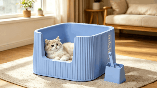 A fluffy white cat sitting inside a large, light blue high-sided litter box with a scoop.