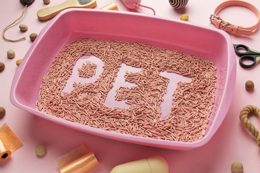 Pink cat litter tray filled with pink tofu cat litter spelling the word PET