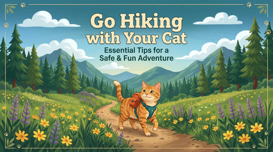 Illustration of an orange cat wearing a harness and backpack hiking on a mountain trail.