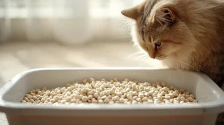 Fluffy cat looking into a litter box filled with tofu cat litter pellets