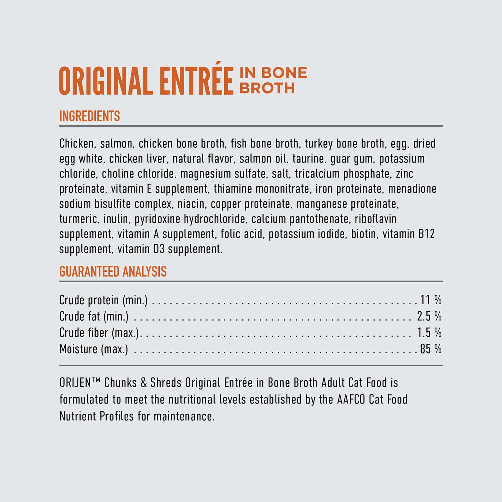 ORIJEN Original Chunks & Shreds Adult Wet Cat Food 155g ×6 ingredients list including chicken, salmon, and turkey bone broth.
