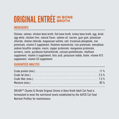 ORIJEN Original Chunks & Shreds Adult Wet Cat Food 155g ×6 ingredients list including chicken, salmon, and turkey bone broth.