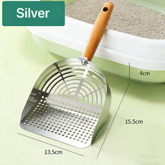Heavy-Duty 304 Stainless Steel Cat Tofu Litter Scoop with Wooden Handle