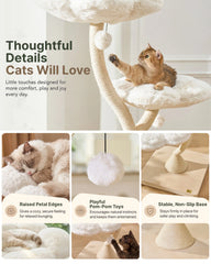 Michu Fairy Cat Tower Deluxe featuring plush petal edges and pom-pom toys for cats.