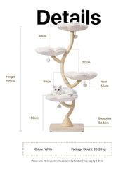 Michu Fairy Cat Tower Deluxe 4-tier flower cat tree with dimensions and a white cat.
