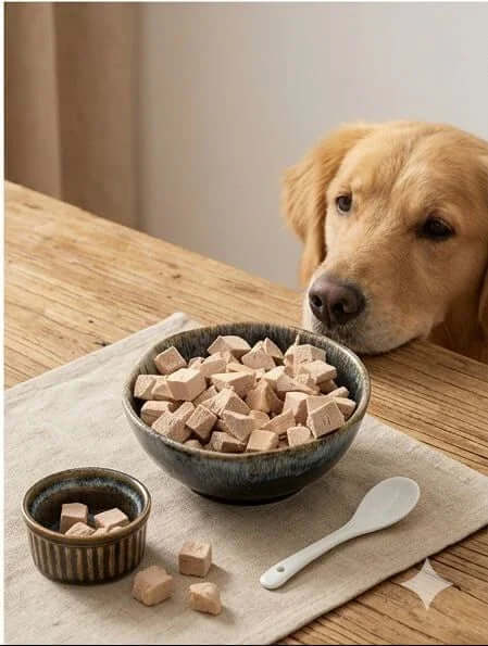 PawDry Freeze-Dried Duck Bites Pets Treats 100g in bowls with a golden retriever dog looking at them.