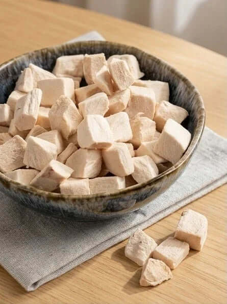PawDry Freeze-Dried Chicken Bites Pets Treat 100g in a bowl on a wooden table, showcasing natural high-protein pet treats.