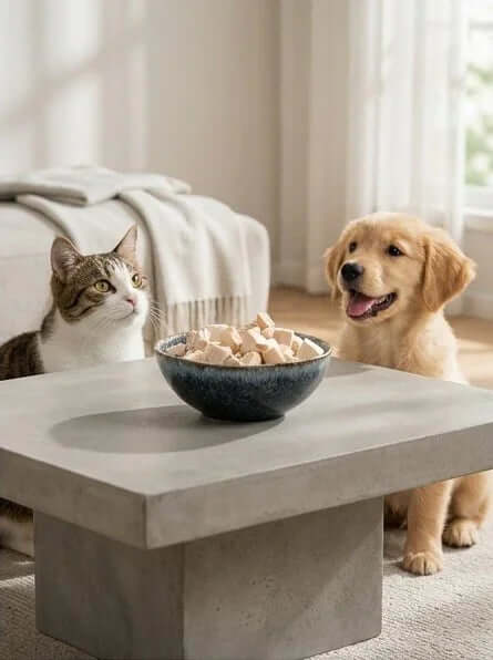 PawDry Freeze-Dried Chicken Bites Pets Treat 100g in a bowl with a cat and a dog looking excited.