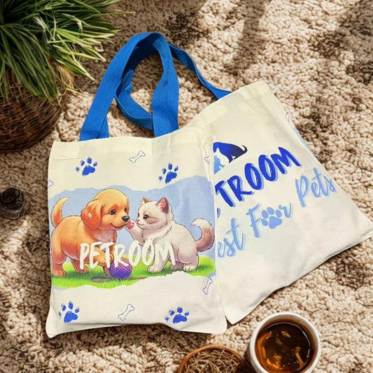 PetRoom Custom Premium Thick Canvas Tote Bag featuring playful puppy and kitten design, eco-friendly pet lover gift.