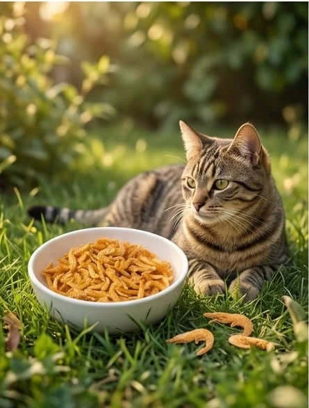 PawDry Freeze-Dried Antarctic Krill 100g in a bowl with a cat outdoors, showcasing premium pet treats.