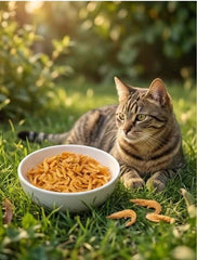 PawDry Freeze-Dried Antarctic Krill 100g in a bowl with a cat outdoors, showcasing premium pet treats.