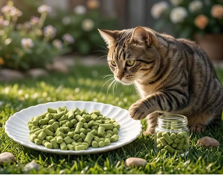 PawDry Freeze-Dried Cat Grass Bites 100g displayed on a plate with a cat pawing at the treats.