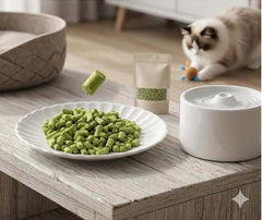 PawDry Freeze-Dried Cat Grass Bites 100g displayed on a plate with a cat in the background.
