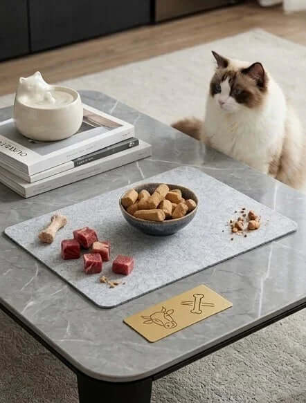 PawDry Freeze-Dried Beef Raw Meaty Bone (RMB) 100g served on a pet feeding mat with a curious cat nearby.