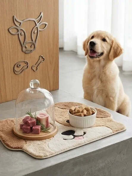 PawDry Freeze-Dried Beef Raw Meaty Bone (RMB) 100g dog feeding scene with a Golden Retriever and pet treats.
