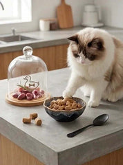 PawDry Freeze-Dried Duck Raw Meaty Bone (RMB) 100g cat enjoying pet food on kitchen counter.