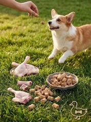 PawDry Freeze-Dried Duck Raw Meaty Bone (RMB) 100g treats with a corgi in a grassy area.
