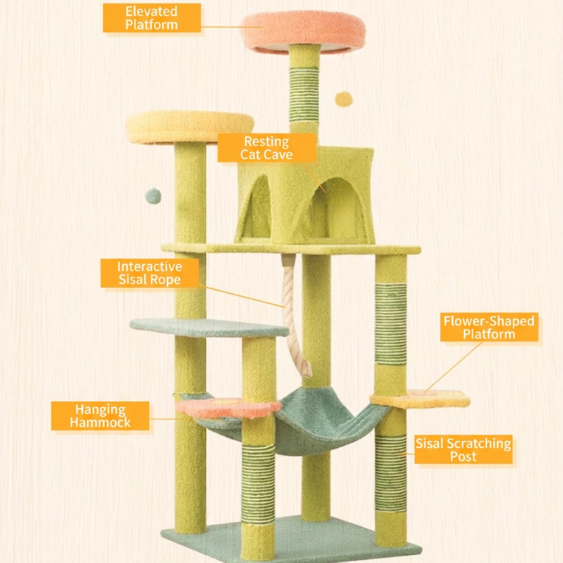 Cat's indoor playground with various features on a beige background