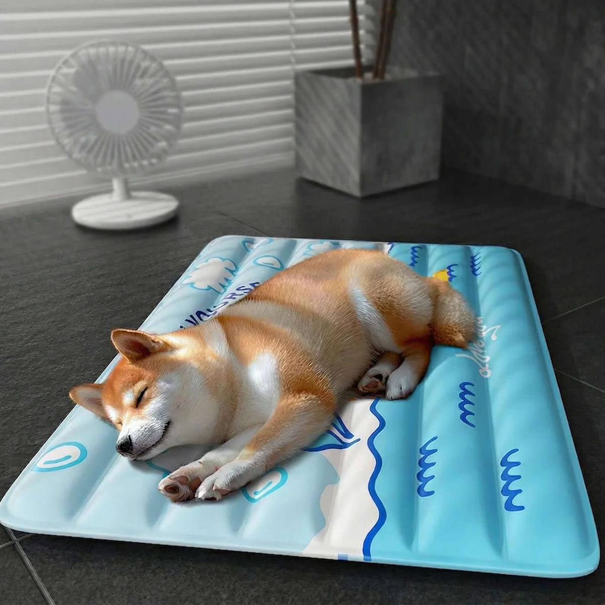 Summer Self-Cooling Gel Pad & Cooling mat for Dogs & Cats with a sleeping dog on it