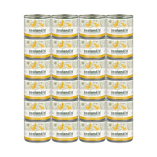 Zealandia Mousse Pate Chicken Kitten & Mama Cat Can 170g stacked cans in a pet food display.
