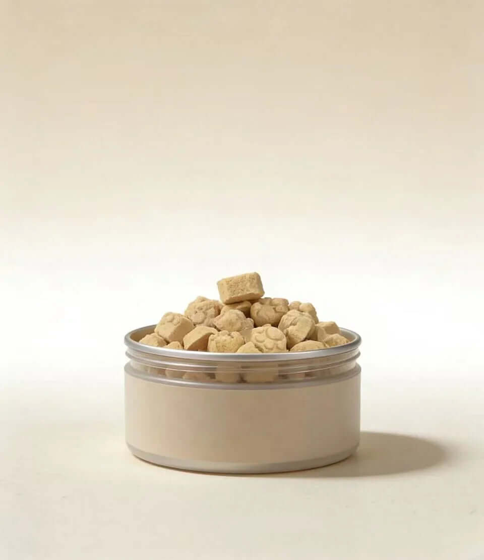PawDry Freeze-Dried Goat Milk - Paw Shape Treats (100g) in a tin container, healthy treats for pets.
