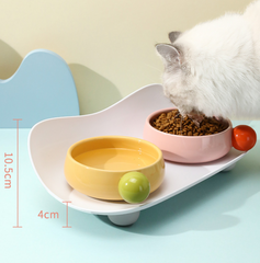 Ceramic Double Bowl with Spill-Proof Tray For Cats & Small Dogs