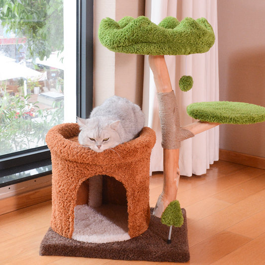 Natural Wood Cat Tree with Cozy Hideaway