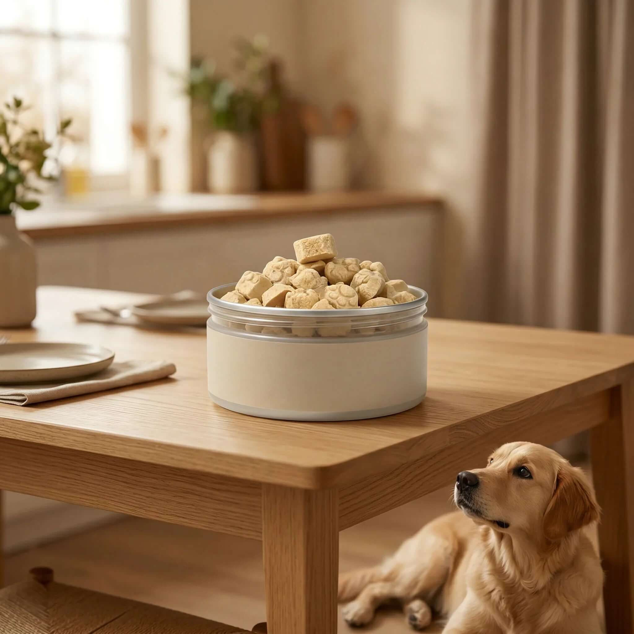 PawDry Freeze-Dried Goat Milk - Paw Shape Treats (100g) in a glass container on a wooden table with a dog nearby.