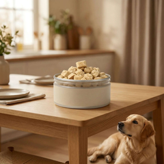 PawDry Freeze-Dried Goat Milk - Paw Shape Treats (100g) in a glass container on a wooden table with a dog nearby.