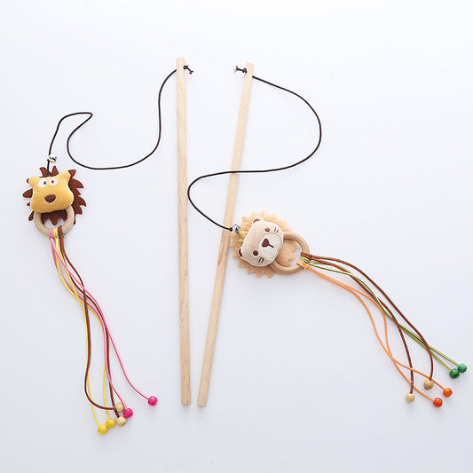 Indie-Style Wooden Cat Teaser Wand Cat Toy – Bear & Lion Design