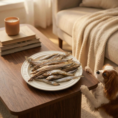 PawDry Freeze-Dried Whole Capelin 100g - Lean & High Protein treats on a plate with a curious dog.