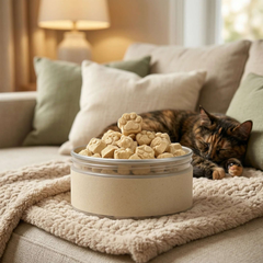PawDry Freeze-Dried Goat Milk - Paw Shape Treats (100g) in a container with a cat resting on a sofa.