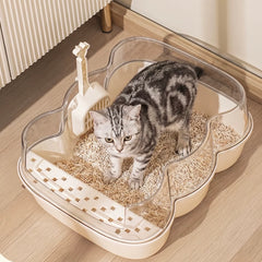 Transparent Semi-Enclosed Large Cat Litter Tray with Scoop