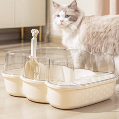 Transparent Semi-Enclosed Large Cat Litter Tray with Scoop