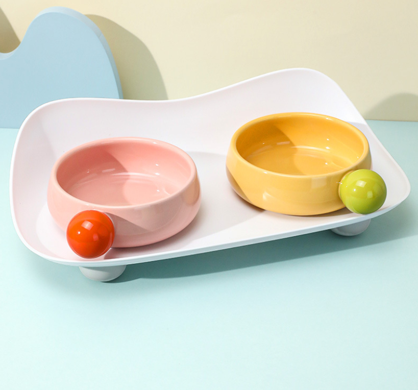 Ceramic Double Bowl with Spill-Proof Tray For Cats & Small Dogs