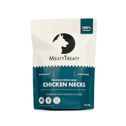 Meaty Treaty Freeze Dried Chicken Neck Healthy Dogs & Cats Treats 100g – A Cat Treats Australia Favourite packaging.